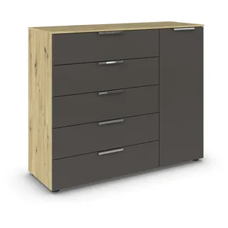 Rauch Möbel Flipp, Kommode für Schlafzimmer, Kinderzimmer, Wohnzimmer, Flur, Garderobe, 1-türig, 5 Schubladen, mit Softclose-Funktion, Farbe Eiche Artisan, Holz/Graphit, Schwarz, Breite 120 cm