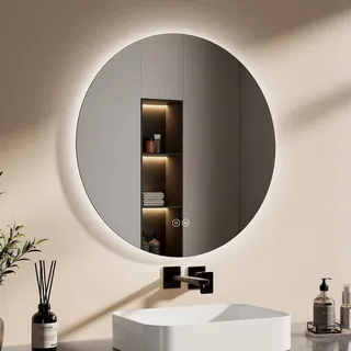 EMKE LED Badezimmerspiegel Badspiegel mit Beleuchtung Rund 70cm 3 Lichtfarben Dimmbar Lichtspiegel mit Touchschalter Energiesparend LED Spiegel - Silber