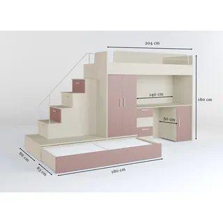 JV moebel Hochbett aus Holz – Für Ihr Zimmer: Praktisch und platzsparend. rosa