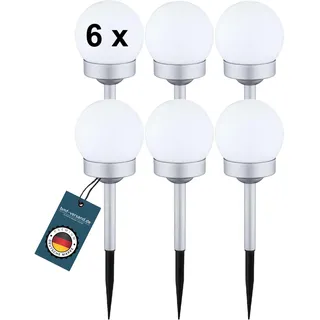 bmf-versand® LED-Solarkugel 6er Set - Solar Kugelleuchte Silber weiß - Außenkugelleuchte mit Stab - runde Solarlampen für Außen Garten - Gartenleuchte Spritzwasser geschützt - Solarleuchte