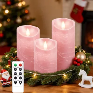 AiiBowy Led Kerzen [3er Set] Flammenlose Kerze Echtwachs Flackernde Dimmbar mit Fernbedienung Weihnachtskerzen LED Flammen 4"/5"/6” Tischdeko, Wohnzimmer, Weihnachten, Hochzeit, Party (Rosa)