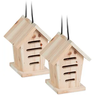 Relaxdays Marienkäferhaus 2X, Marienkäferhotel Garten, zum Aufhängen, Holz unbehandelt, Insektenhotel Marienkäfer, Natur
