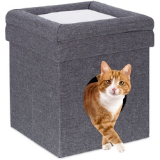 Relaxdays Sitzhocker mit Katzenhöhle, faltbar, HxBxT: 43x39x39 cm, Kissen, Deckel, kuscheliges Katzenbett, grau/weiß