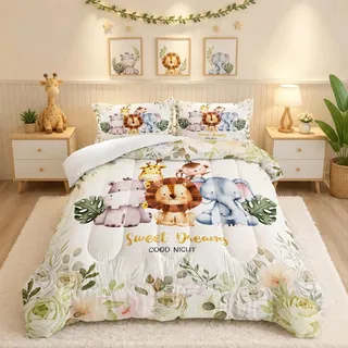 XYNHML Wild Tier Nilpferd Bettdecke 3 Stück Niedlich Elefant Löwe Blume Bettwäsche Voll Dschungel Thema Bettwäsche Set für Kind Teenager Mädchen Junge Erwachsene Bett Dekor Giraffe AFFE Bettdecke mit