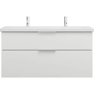 burgbad Eqio Keramik-Waschtisch mit 2 Armaturbohrungen, inklusive Waschtischunterschrank, Breite 1230mm, SEYR123F2009C0001G0146, Farbe: Weiß Hochglanz / Weiß Hochglanz, Griff Chrom G0146