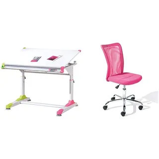 Inter Link Schülerschreibtisch Kinderschreibtisch MDF Weiss 100 x 69-84 x 66 cm & Kinderdrehstuhl Bürostuhl Jugenddrehstuhl Schreibtischstuhl Metall Bezug Mesh Pink BxHxT: 43 x 88-98 x 56 cm