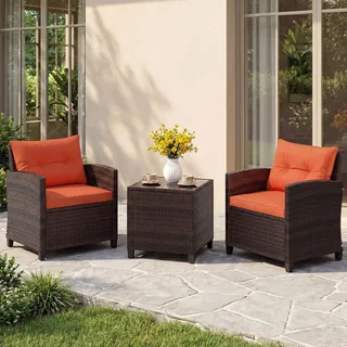 FANTASK Gartenmöbel 3er Set, Balkonmöbel Rattan Set inkl. 2 Rattanstühle & Gartentisch, Gartensitzgruppe Lounge Set mit Akazienholzplatte & Sitzkissen, Sitzgruppe für Terrassen, Balkon (Orange)
