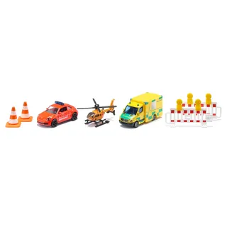 Siku 6332, Geschenkset Rettung, VW Beetle-Notarztwagen, Mercedes-Rettungswagen, Helikopter, Spielzeug-Set, Kunststoff/Metall, Multicolor, Inkl. 2 Warnbaken und 2 Pylonen