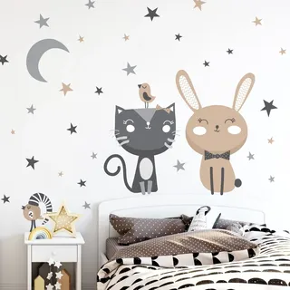 Wandsticker Kinder Dekoration Babyzimmer Wandtattoo Kinderzimmer Wandaufkleber Katze Hase Vögel Mondschein H55 x 40 cm