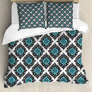 ABAKUHAUS Blumen Bettbezug, Victorian Antique Style, Milbensicher Allergiker geeignet mit Kissenbezügen, 200 cm x 200 cm - 80 x 80 cm, Schwarz Aqua Weiß - Schwarz