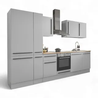 Stella Trading Denver Moderne Küchenzeile mit Elektrogeräten in Grau, Lancelot Eiche Optik - Geräumige Einbauküche mit viel Stauraum - 310 x 211 x 60 cm (B/H/T)