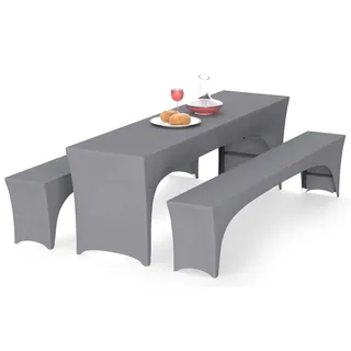 Alishomtll 3er-Set Elastisch Biertischhussen, Stretch Bierzeltgarnitur für 50cm Tischbreite, Bierbankhussen Bankgarnitur für Biertisch und Bierbank Bankett Gartenmöbel-Bezüge, 220x50cm Grau