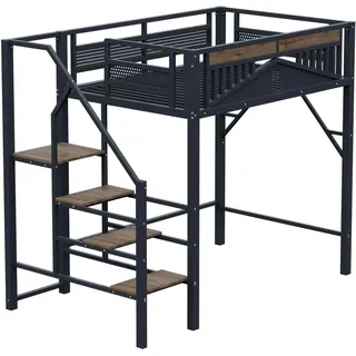 okwish Hochbett 140x200cm mit Sicherheitsumrandung Leiter Jugendbett Schwarz ohne Matratze