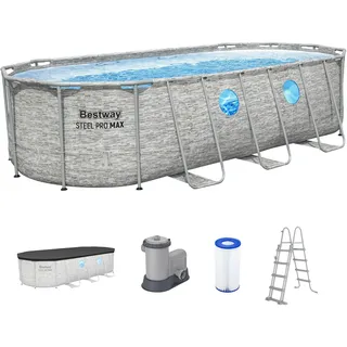 BESTWAY Power Steel Swim Vista Series Frame Pool Komplett-Set 549 x 274 x 122 cm inkl. Filterpumpe, Abdeckplane, Poolleiter