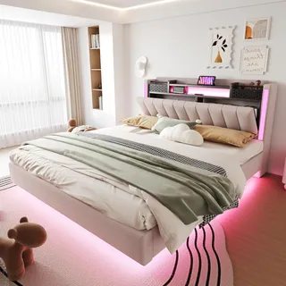 Ball & Cast Bed Frame (160x200 cm), Schwebebett mit Beleuchtung und Ladestation, Metallbett Kopfteil mit Stauraum, Leinen, Beige, Ohne Matratze