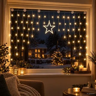 Beleuchteter Weihnacht Sternenvorhang Sternenregen Lichterkette Fensterdeko 90 LED warm weiß mit Saugnäpfe