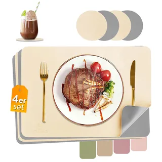 HELI MIAO Tischsets Abwaschbar,Platzsets Abwischbar,Tischset Leder,Hitzebeständig Doppelseitigen I 4er Set Platzdeckchen Lederoptik mit Untersetzer,Tischuntersetzer,Platzdecken beige+Haze blau