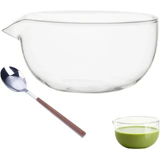 Saucenschale, 600 ml Schale aus Glas mit Ausgießer, Japanische Matcha Schale, Schale aus Glas mit Löffel aus Rostfreiem Stahl, für Dessert, Säfte, Saucen und Salate, Transparentem