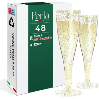 Perla, 48 Premium Sektgläser aus Kunststoff mit Goldglitter, 120ml – Wiederverwendbare Champagnergläser, Champagner Gläser für Cocktail, Dessert, Wein - Plastik Sektgläser für Hochzeit & Party