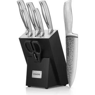 Messerblock mit Messerset, FOHERE 7-teilig Selbstschärfender Messerblock, Scharfes Messerset mit Holzblock, Ergonomischer, Rutschfester Griff aus Edelstahl, Profi Küchenmesser Set, Ideal als Geschenk