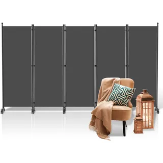 Fiqops Paravent Outdoor,Raumteiler auf Rollen 5-teilig 284x181 cm, Wetterfester Paravent für Outdoor & Büro - Anthrazit