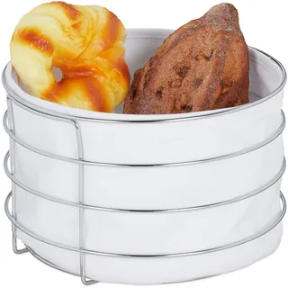 Relaxdays Brotkorb Metall, mit Stoffeinsatz, moderner Brötchenkorb, Frühstückskorb Edelstahl, HxD: 15x24 cm, weiß, 10034274_49
