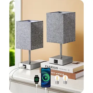 EDISHINE LED Nachttischlampe Touch Dimmbar 2er Set, Tischlampe Modern, Kleine Lampe, mit Ladefunktion, 2 USB Anschlüsse, für Deko Schlafzimmer, Wohnzimmer, Fensterbank, Geschenk, Grau Lampenschirm