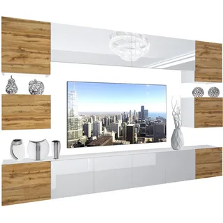 B Belini Group Wohnzimmerwand Schrankwand mit LED Eiche Wotan / Weiß , Beige, Weiß , Holz , 300x180x36 cm , Wohnzimmer, Wohnwände