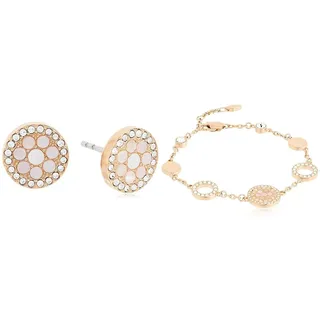 Fossil Armband Für Frauen, 19 Cm + 2,5 Cm Verlängerung Rosa, Rose Gold Perlmutt, Edelstahlarmband, JF01739791 & Ohrringe Für Frauen Mop, 10(D)*2.0(Dicke) mm Rose Gold Edelstahl-Ohrringe, JF02906791