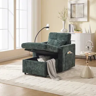STILVORA Chaiselongue mit Handyständer und 2 Seitentasche,Einzelsofa mit 2 Nackenkissen und verstaubare Rückenlehne,Modernes Sofa aus Chenille,Smaragdgrün - Grün