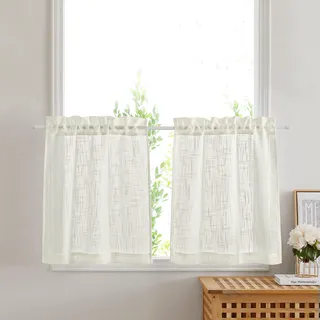 PONY DANCE Kurze Gardinen für Küche Fenster Scheibengardinen mit Stangedurchzug im Landhausstil 2-Set B 60 x H 45 cm Vorhang Creme Halbtransparent Leinenoptik, Hellbeige