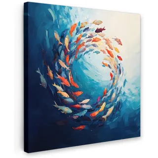MuchoWow Leinwandbild Meer - Fische - Bunt - Dynamisch Deko Groß 90x90 cm , Hellblau , Textil , Kiefer , Abstrakt , Quadratisch , 90x90 cm , FSC 100% , gerahmt , Bilder & Rahmen, Bilder, Leinwandbilder