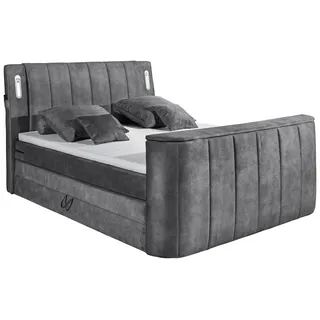 Stella Trading DALLAS 6 Boxspringbett 180x200 mit Bettkasten, Anthrazit - Bequemes Doppelbett mit motorisierter TV-Halterung & LED-Beleuchtung - 186 x 126 x 244 cm (B/H/T)