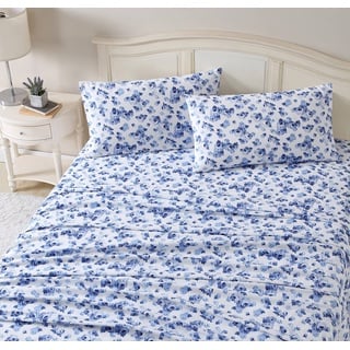 Laura Ashley Startseite – Bettlaken, Baumwoll-Flanell-Bettwäsche-Set, gebürstet für zusätzliche Weichheit und Komfort (Emelisa, Full), Blau/Weiß