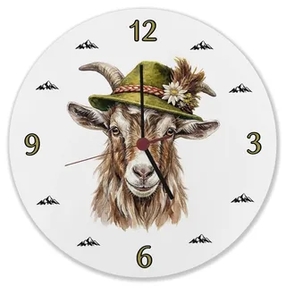 speecheese Wanduhr Ziege mit Trachtenhut, Aquarell, lustig für Alpenfans | Leise Quarzuhr als originelles Wohnaccessoire, für Bergfans und Alpenliebhaber, mit 26,5 cm Durchmesser aus Mdf.