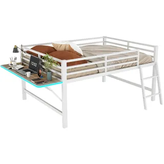 Modfu Metallbett aus Metall 140x200 cm Weiß mit Geländer, Leiter, Klapptisch und LED-Beleuchtung , 140x200 cm , Babymöbel & Kindermöbel, Kinderzimmer & Jugendzimmer, Kinderbetten, Hochbetten