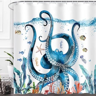 HomeStilez Ozean Badvorhang Lustige Octopus Korallen und Fische Badezimmer Deko Accessoires 180 * 180cm Wasserdichter Duschvorhang Waschbares Polyester mit 12 Duschvorhanghaken Blau