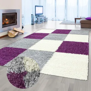 Teppich-Traum Shaggy Teppich Hochflor Karo Lila Grau Creme 160x230 cm | Weich und flauschig, pflegeleicht, strapazierfähig, langlebig, allergikergeeignet, saugrobotergeeignet, Wohn- & Schlafzimmer