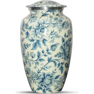 XXL Urne 3,5 Liter aus Aluminium mit blauen Blumen – für menschliche und tierische Asche, dekorativ und einzigartig