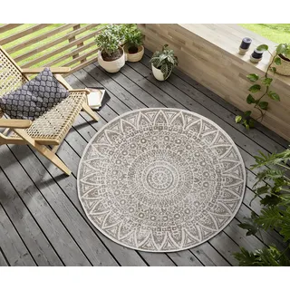 freundin Home Collection Lilja Flachgewebe In- und Outdoor Wendeteppich Wetterfest Modernes Mandala Design Teppich für Balkon Terrasse Garten Wintergarten Wohnzimmerteppich Wasserfest, Ø 100 cm, Linen