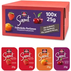 Bild von Samt Portionen Mix-Box, Konfitüre Portionsschalen (50 x Erdbeere, 25 x Aprikose, 25 x zweierlei Kirsch), 100 x 25g
