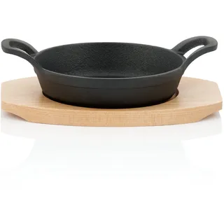 BBQ-Toro Gusseisen Servierpfännchen mit Holzunterlage | Ø 16 cm | bereits eingebrannt - preseasoned | Gusseisen Grillpfannen, Pfännchen, Servierpfanne, Grillpfanne, Gusspfanne