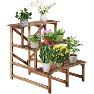 Outsunny 3-Etagen Pflanzenständer, klappbarer 78 cm hoch Blumenständer für Innen Außen, Pflanzenregal aus Holz, Blumentopfständer mit Tabletts, Blumentreppe für Wohnzimmer, Garten Balkon, Naturholz