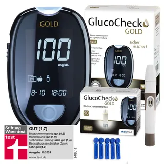 GlucoCheck Gold Set (mg/dl) zur Kontrolle des Blutzuckers mit 60 Teststreifen Gerät 1 St