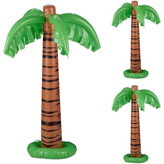 Relaxdays aufblasbare Palme, 3er Set, Partydeko, Pool & Strand, Hawaiipalme groß, 80 cm hoch, Plastikpalme, grün-braun