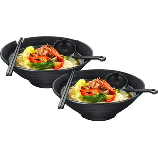 Set mit 2 japanischen Ramen-Schüsseln, 1000 ml Fassungsvermögen, hochwertige, rutschfeste Suppenschüssel mit Löffel und Essstäbchen, multifunktionale Müslischale für Pasta, Obst, Nudeln, Salat, Schwarz