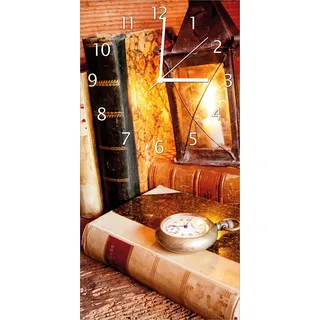 Wallario Design Wanduhr Antike Laterne mit Kerze alten Büchern und Taschenuhr aus Echtglas, Größe 30 x 60 cm - Schwarz