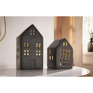 2x Haus "Black" aus Porzellan, schwarz matt, mit LED-Beleuchtung, Leuchtdeko, Dekohaus - Schwarz