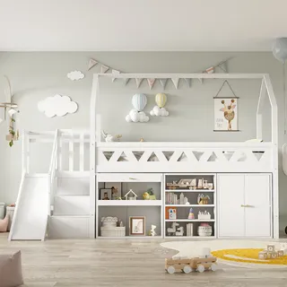 Flieks Etagenbett 90x200cm mit Rutsche, Kinderbett Hausbett mit Lattenrost, Hochbett mit Treppe und Stauraum, Holzbett Einzelbett Stockbett, Weiß - Weiß