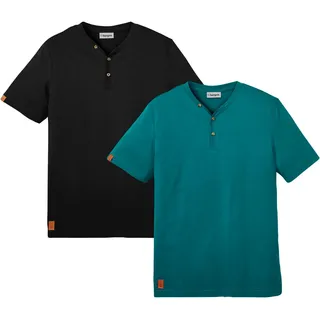 Henleyshirt BONPRIX "Henleyshirt (2er Pack) aus reiner Baumwolle", Herren, Gr. 48/50 (M), schwarz (schwarz, petrol), Jersey, Obermaterial: 100% Baumwolle, mehrfarbig, unifarben, regular fit normal, V-Ausschnitt, Shirts Henleyshirt, Regular fit, mit Ausschnitt im Henley-Look, aus Baumwolle